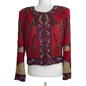 Vintage Laurence Kazar Red Silk Tassel Print Beaded Cropped Jacket